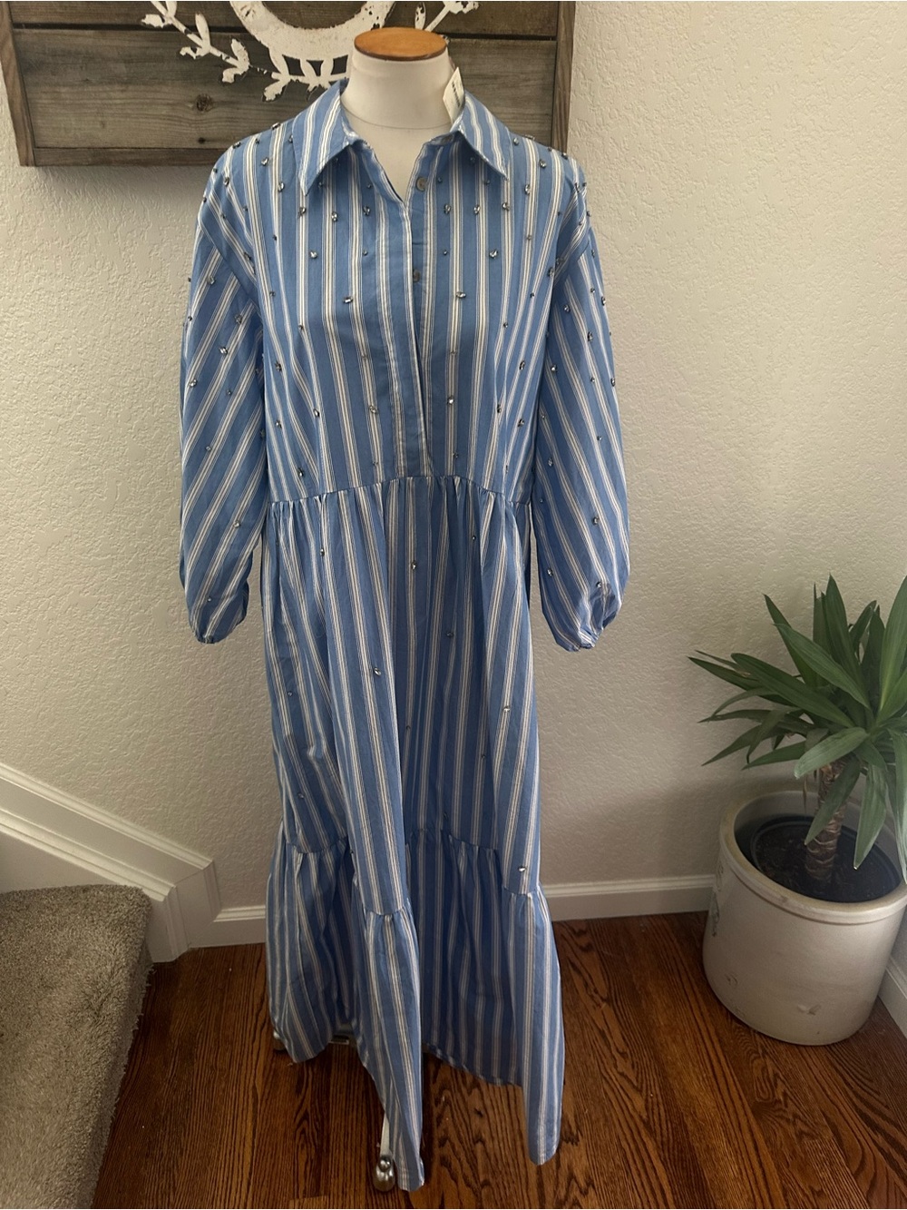 Anthropologie Blue and White Striped Shirt dress with rhinestones size L NWT - Picture 1 of 7